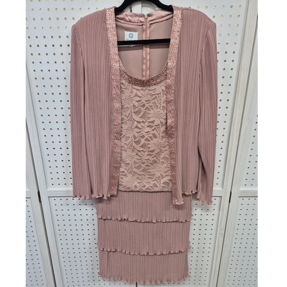 Patra Mauve Pink Pleated Tiered Lace Sequin Formal Dress Jacket Set Size 14